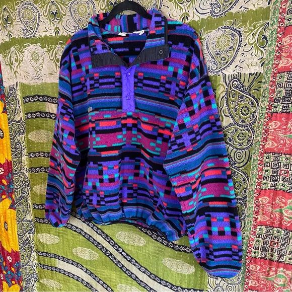Vtg 80's Columbia Aztec Print Radial Sleeve 1/4 Snap Fleece Jacket Size L - HOLE - Picture 5 of 16